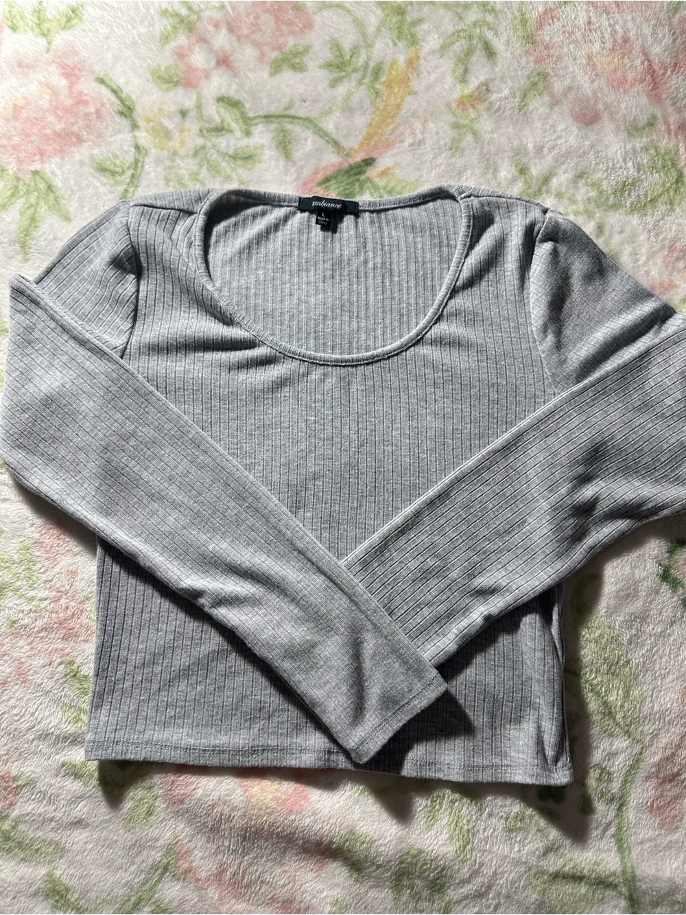 Ambiance Gray Ribbed Scoop Neck Long-Sleeve Top